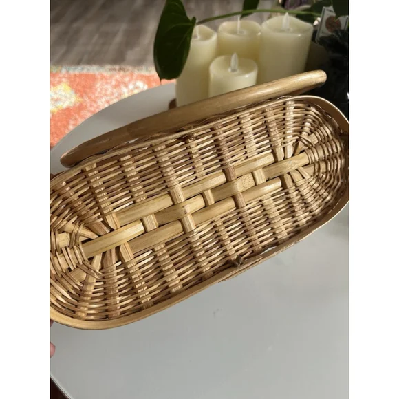 Vintage Woven Wicker Rattan Handbag Purse Bucket Bag Strap Basket Boho - Picture 6 of 9